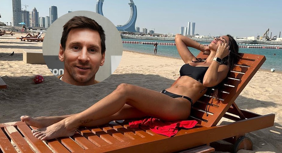 Antonela Roccuzzo, mulher de Messi, posa de biquíni no Catar