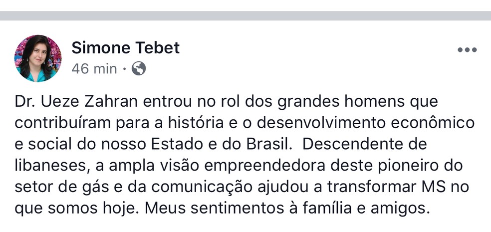 Publicação da senadora Simone Tebet no facebook — Foto: Facebook/Reprodução