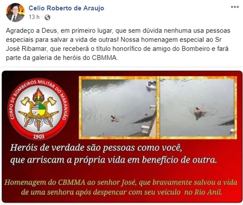 Comandante dos bombeiros anuncia homenagem a homem que salvou motorista que caiu da ponte em SÃ£o LuÃ­s â Foto: ReproduÃ§Ã£o/Redes Sociais