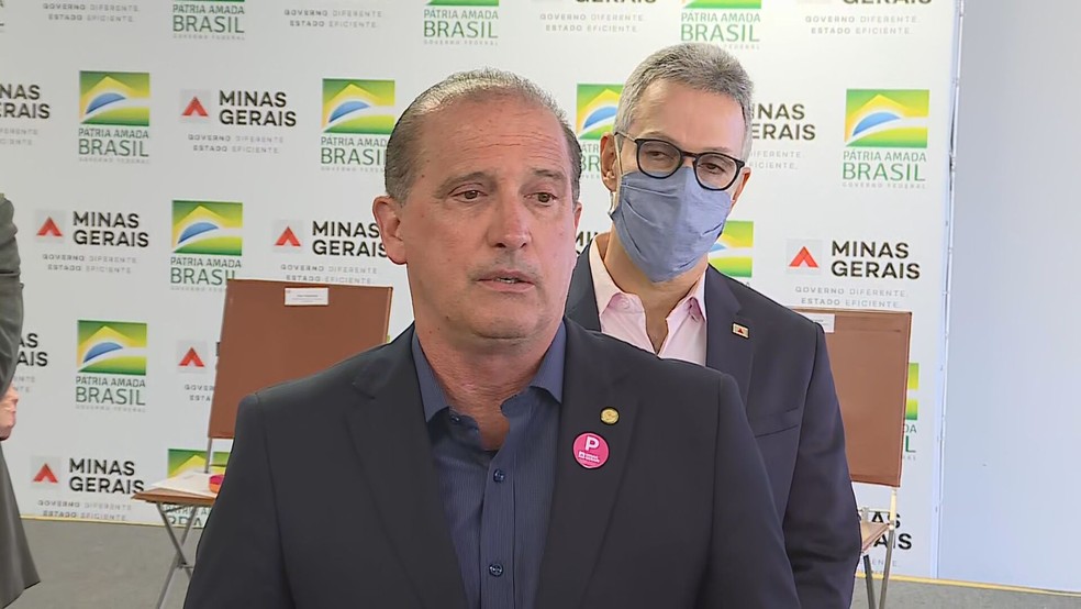 Ministro da Cidadania Onyx Lorenzoni falou sobre pagamento de Auxílio Emergencial, em solenidade em Belo Horizonte — Foto: Reprodução/TV Globo
