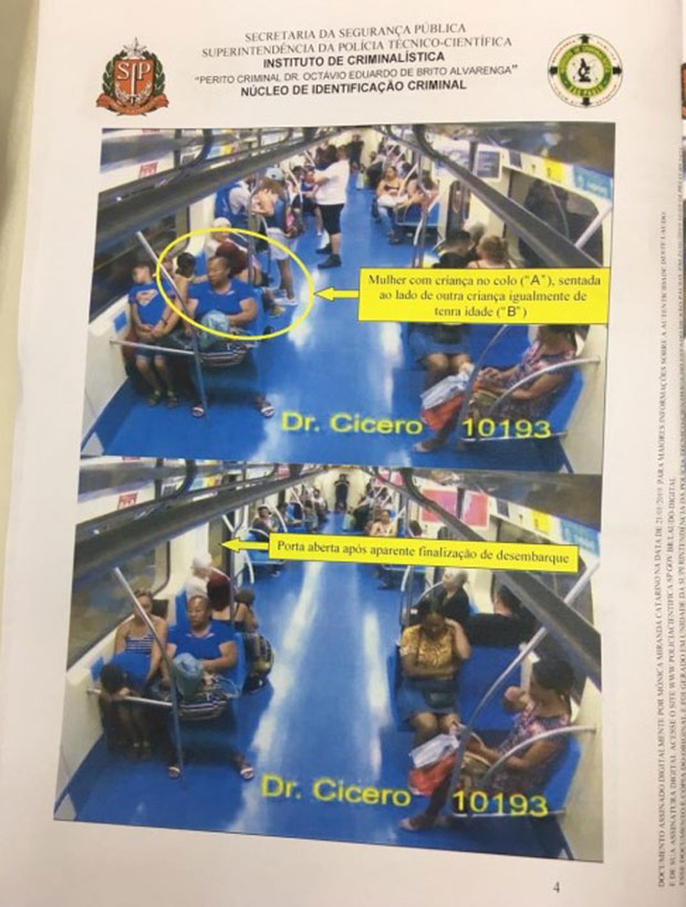 Laudo do Instituto de Criminalística mostra imagem de vídeo gravado por câmera do Metrô: Luan aparece no colo da mãe dentro do vagão — Foto: Reprodução/IC