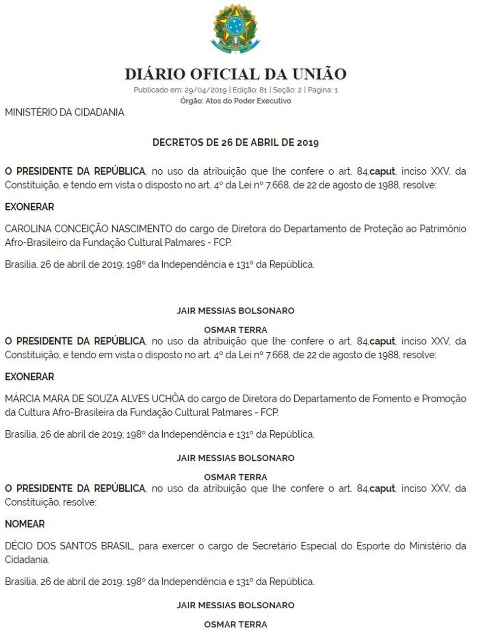 Diário Oficial com a nomeação de Décio dos Santos Brasil — Foto: Reprodução