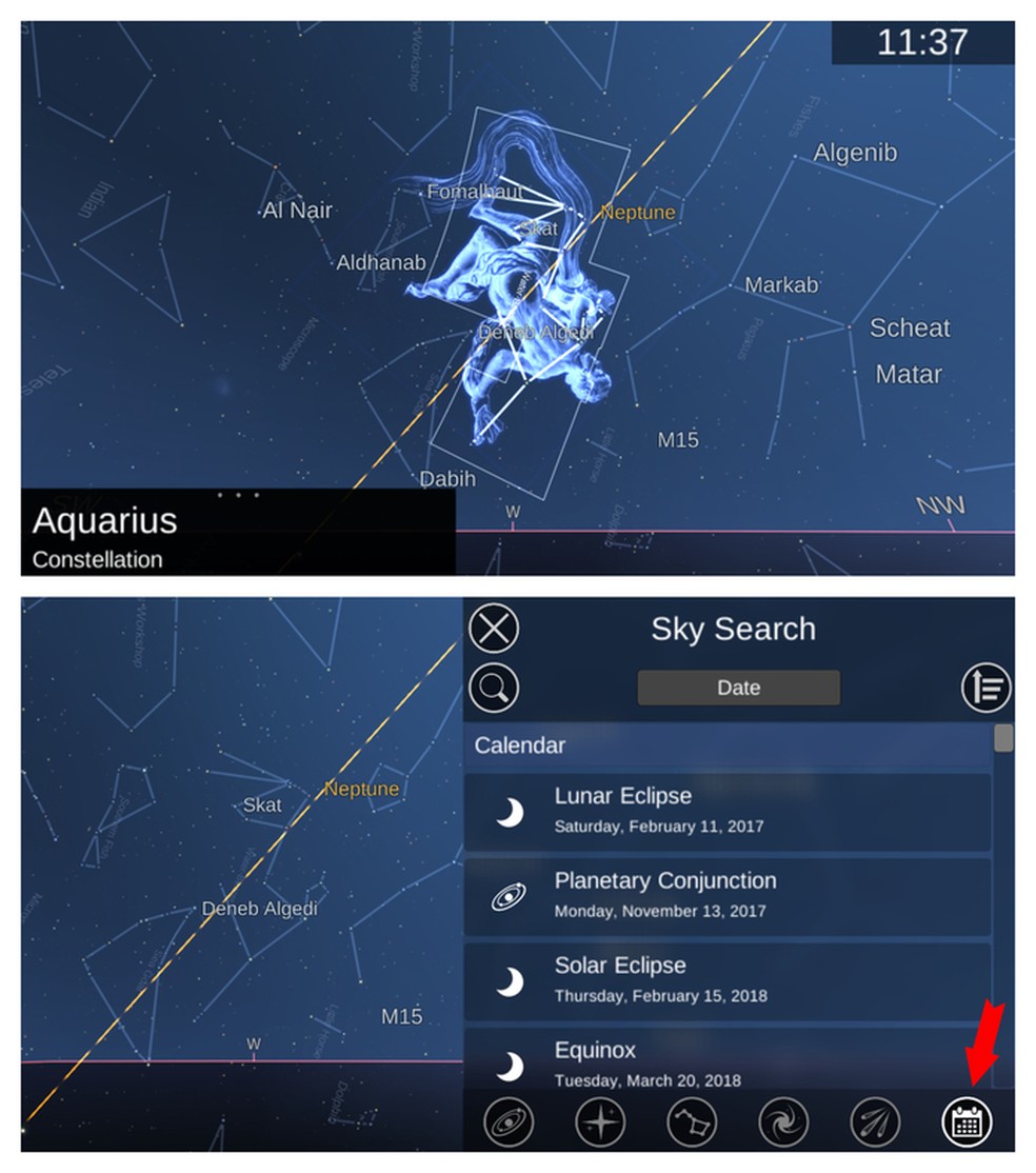 Diversos eventos podem ser encontrados no calendário astronômico que o app possui — Foto: Reprodução/Adriano