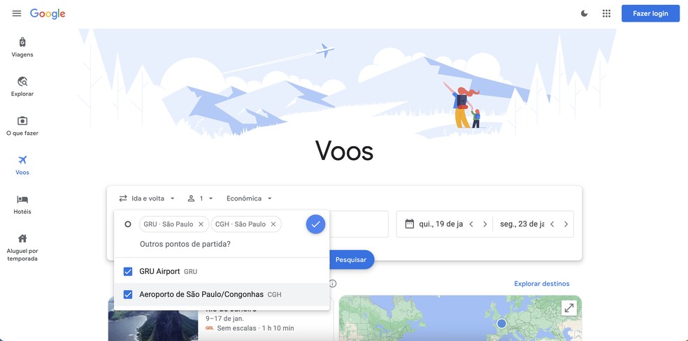 Pesquisar a partir de diferentes aeroportos no Google Flights dá mais opções de preços — Foto: Reprodução/Guilherme Ramos
