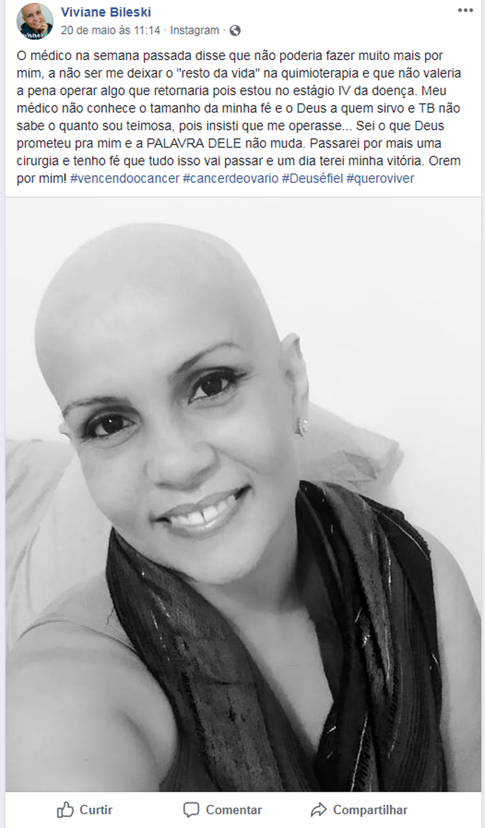 Publicação de Viviane após negativa de médico viralizou nas redes sociais — Foto: Arquivo Pessoal