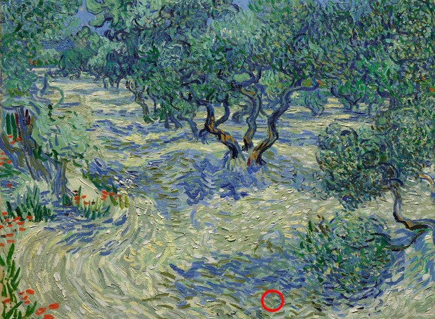 A pintura Olive Trees (1889) de Vincent van Gogh tem um gafanhoto preso no canto inferior direito (Foto: Courtesy of the Nelson-Atkins Museum of Art, Kansas City, Missouri)