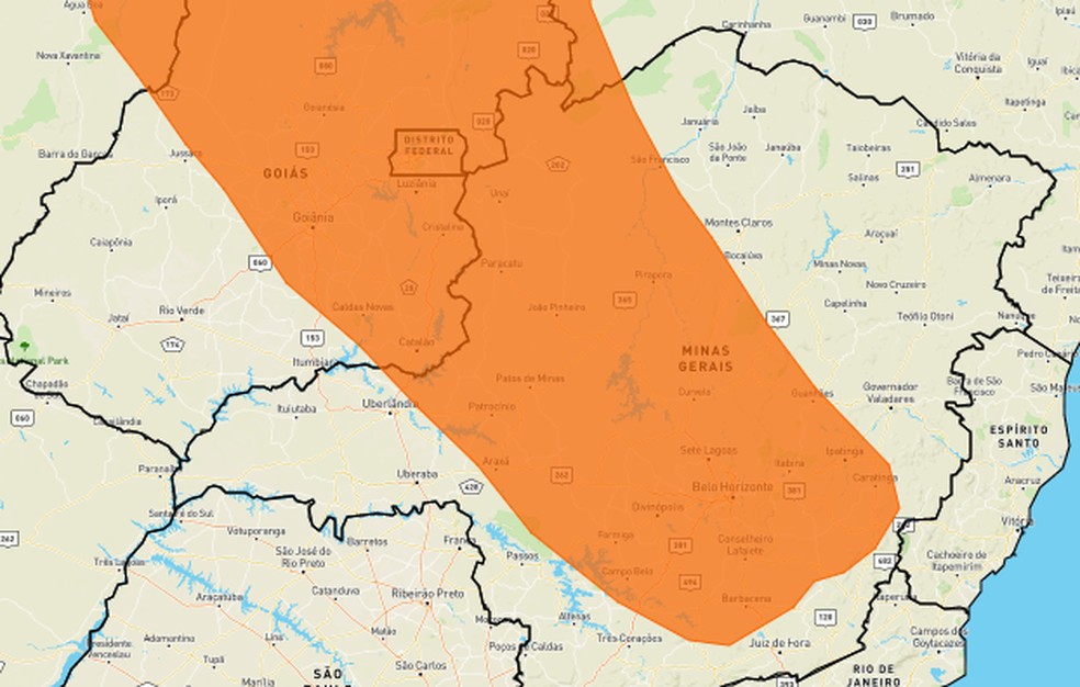 Alerta do Inmet indica possibilidade de chuvas intensas em metade do estado de Minas Gerais (21/02) — Foto: Inmet/Divulgação