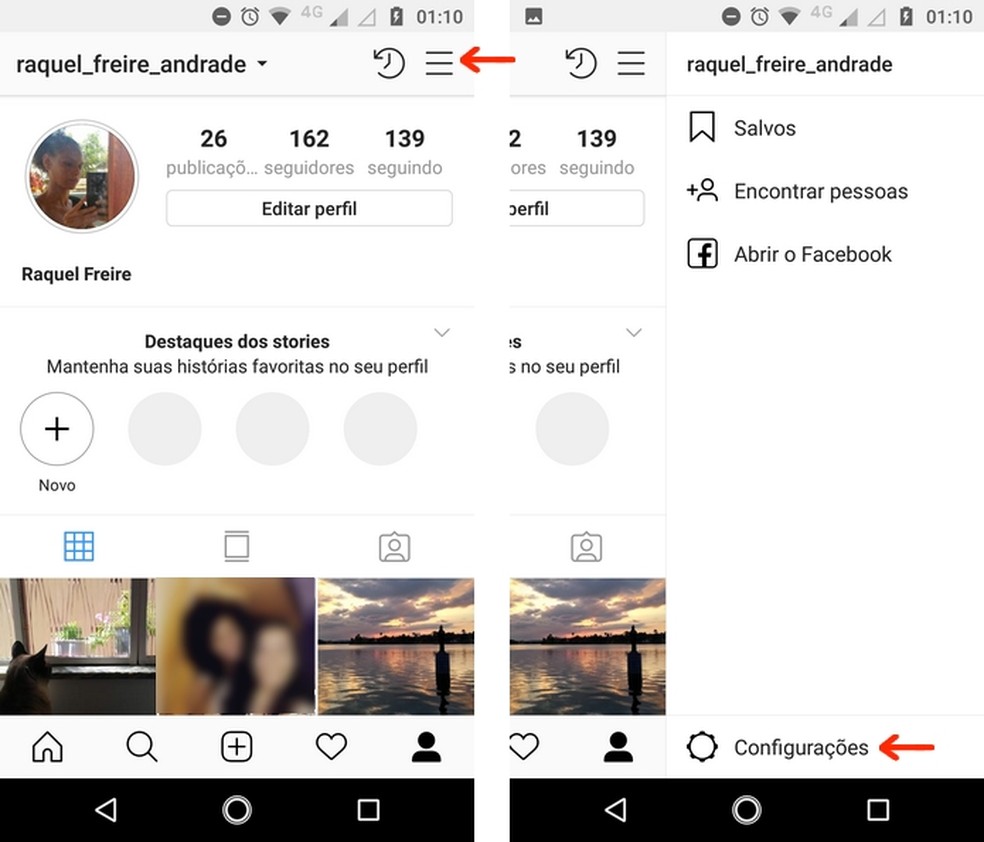 Acesso às configurações do Instagram pelo app para Android — Foto: Reprodução/Raquel Freire