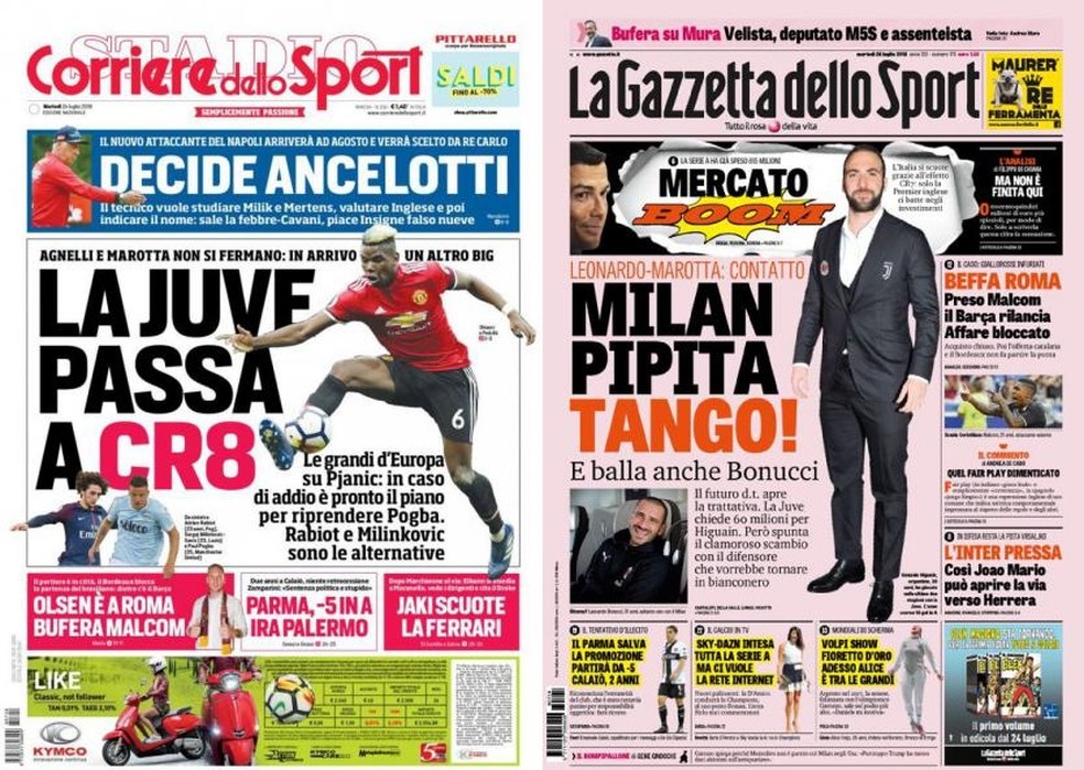 Capas de jornais italianos com negociações da Juventus para as voltas de Pogba e Bonucci  (Foto: Reprodução de jornal)