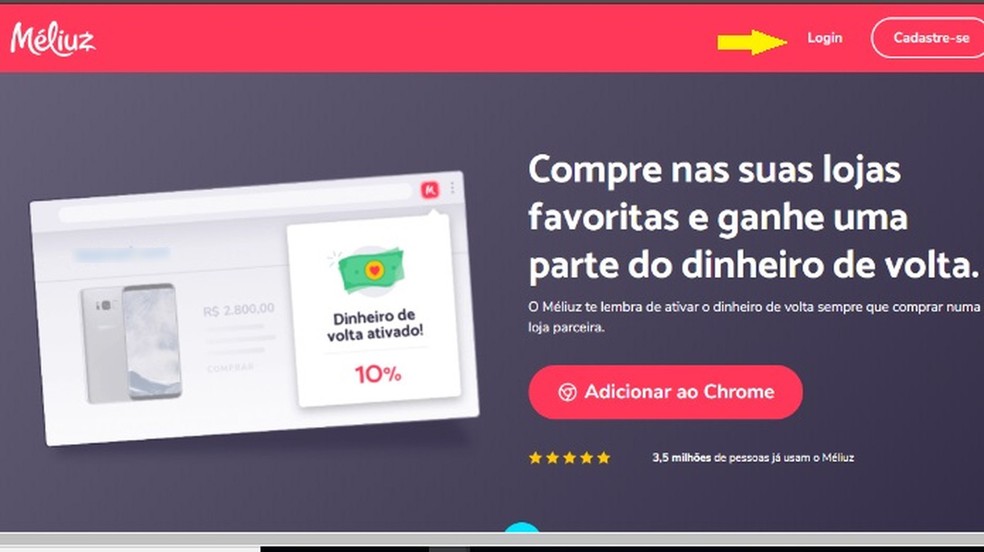 FaÃ§a login ou se cadastre no site MÃ©liuz â Foto: ReproduÃ§Ã£o/Clara Barreto
