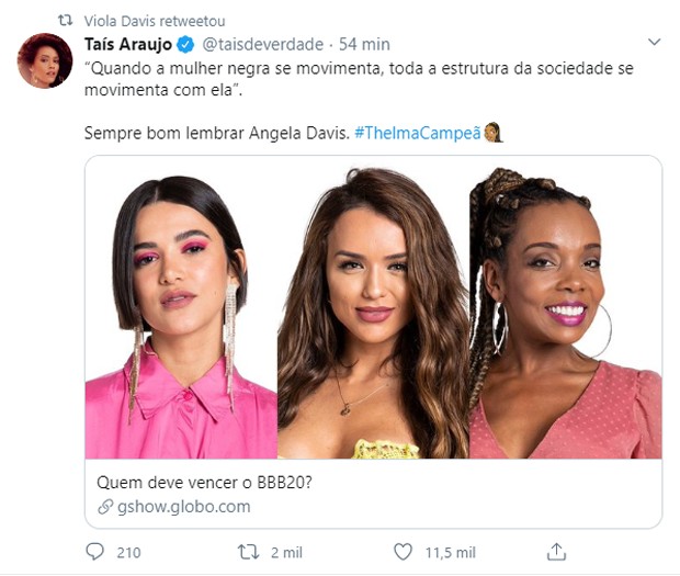 Viola Davis retuita Taís Araújo falando sobre Thelma Assis (Foto: Reprodução Instagram)