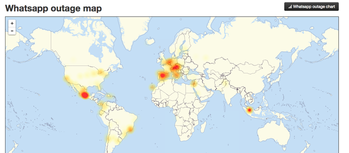 Regiões do mundo que sofrem com a instabilidade do WhatsApp nesta sexta-feira (21) (Foto: Reprodução/downdetector)