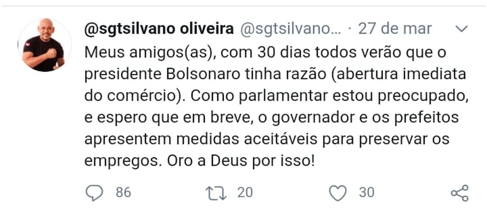 Político chegou a anunciar que em 30 dias "todos iriam ver que Bolsonaro tinha razão" — Foto: Reprodução