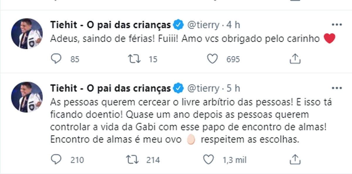 Gabi Martins e Tierry se defendem após serem atacados por fãs que defendem volta dela com Gui Napolitano (Foto: Reprodução/Twitter)