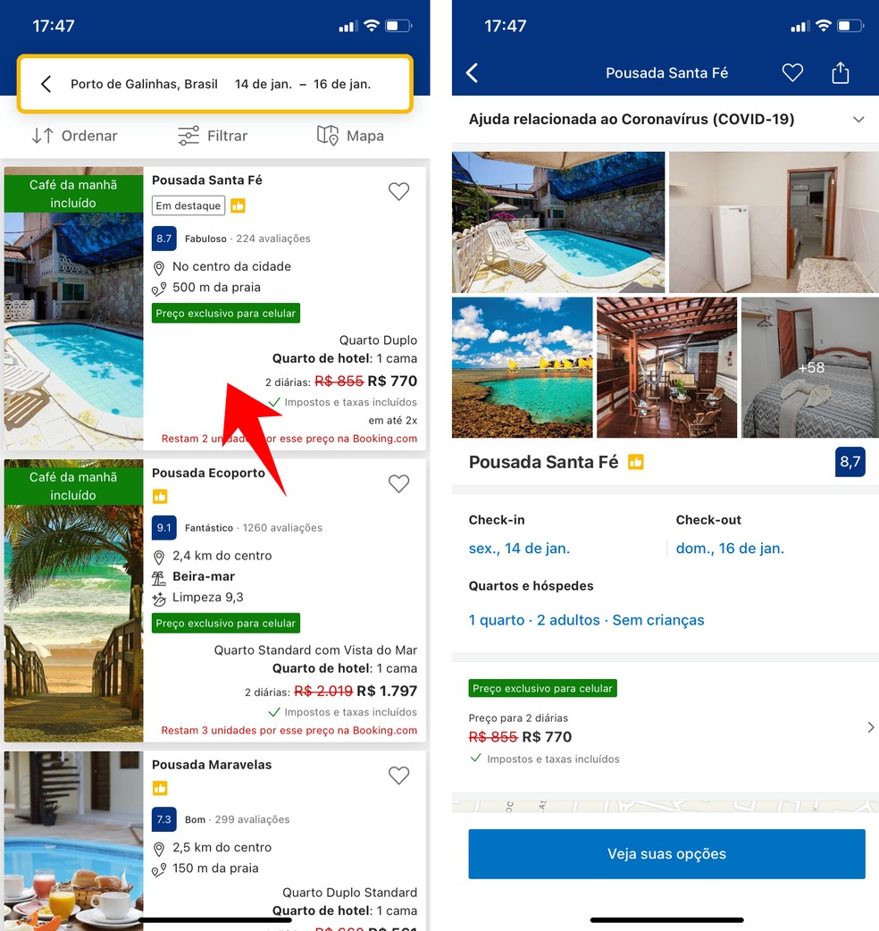 Booking viagens: é possível ver detalhes das hospedagens pelo celular — Foto: Reprodução/Rodrigo Fernandes