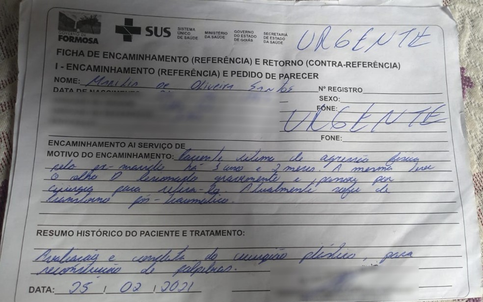 Pedido de encaminhamento para avaliação de cirurgia plástica na pálbebra, em Formosa, Goiás — Foto: Marília dos Santos/Divulgação