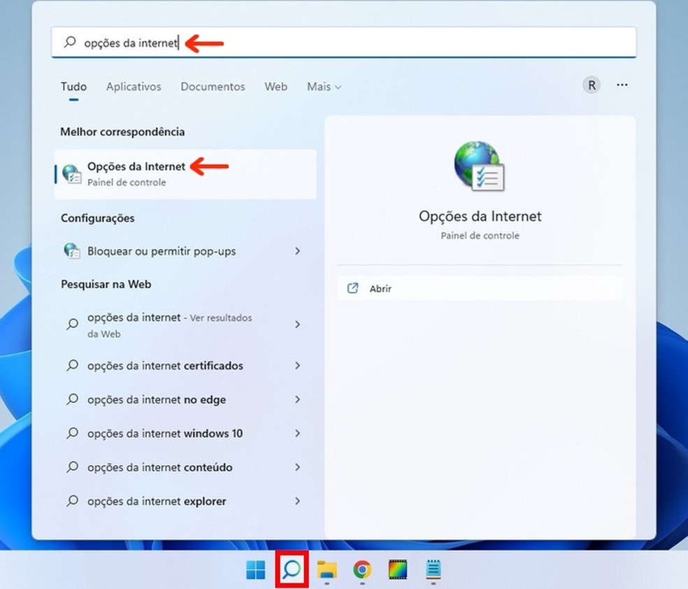 Configuração de Opções da Internet listada no menu inicial do Windows 11 — Foto: Reprodução/Raquel Freire