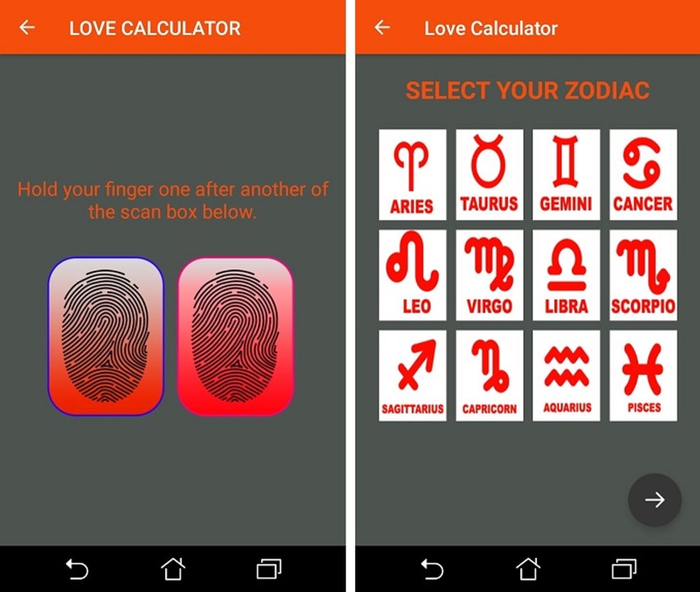 No app Calculadora Real & True Love o usuário pode ver se duas pessoas combinam por meio de "leitura da digital" e dos signos do zodíaco — Foto: (Reprodução/Maria Dias)