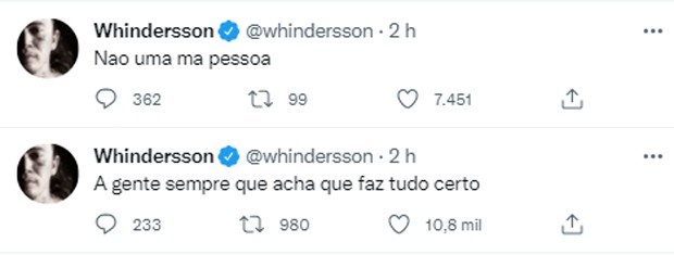 Whindersson posta após declarações da mãe sobre Maria Lina (Foto: Reprodução/Twitter)