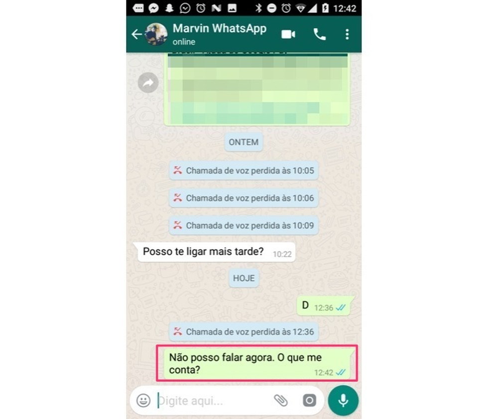 Mensagem automática enviada para um contato do WhatsApp para Android (Foto: Reprodução/Marvin Costa)
