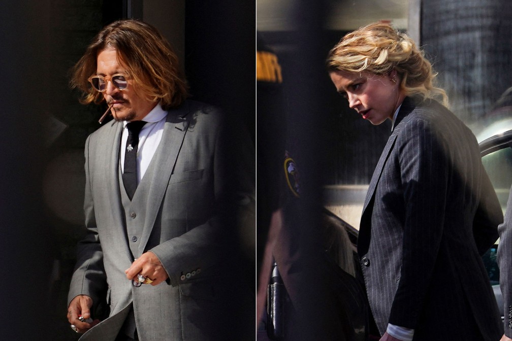 Johnny Depp e Amber Heard deixam tribunal nos Estados Unidos no começo do caso de difamação do ator contra atriz, em 2022 — Foto: Sarah Silbiger/Reuters