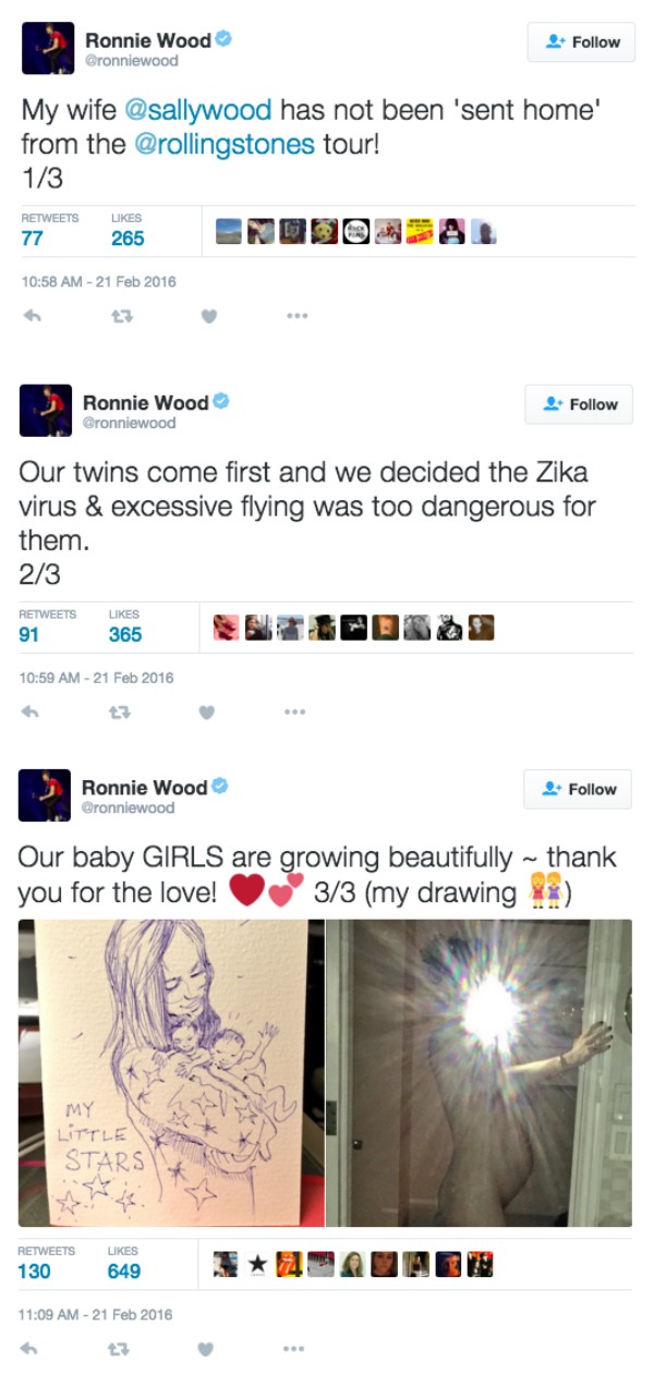 Os tuítes no qual Ron Wood esclareceu os motivos da partida de sua esposa (Foto: Twitter)