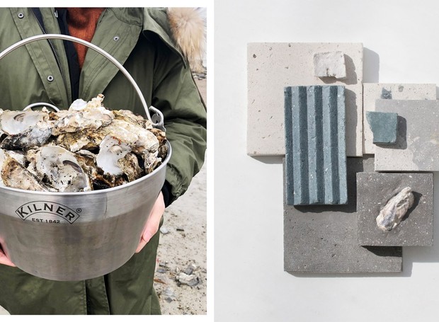 dupla de designers Jihee Moon e Hyein Hailey Choi, do Newtab-22 criou a "Pedra do Mar”, um material sustentável feito de conchas do mar descartadas, com propriedades físicas semelhantes às do plástico e visual que lembra cimento (Foto: Reprodução / Dezeen)