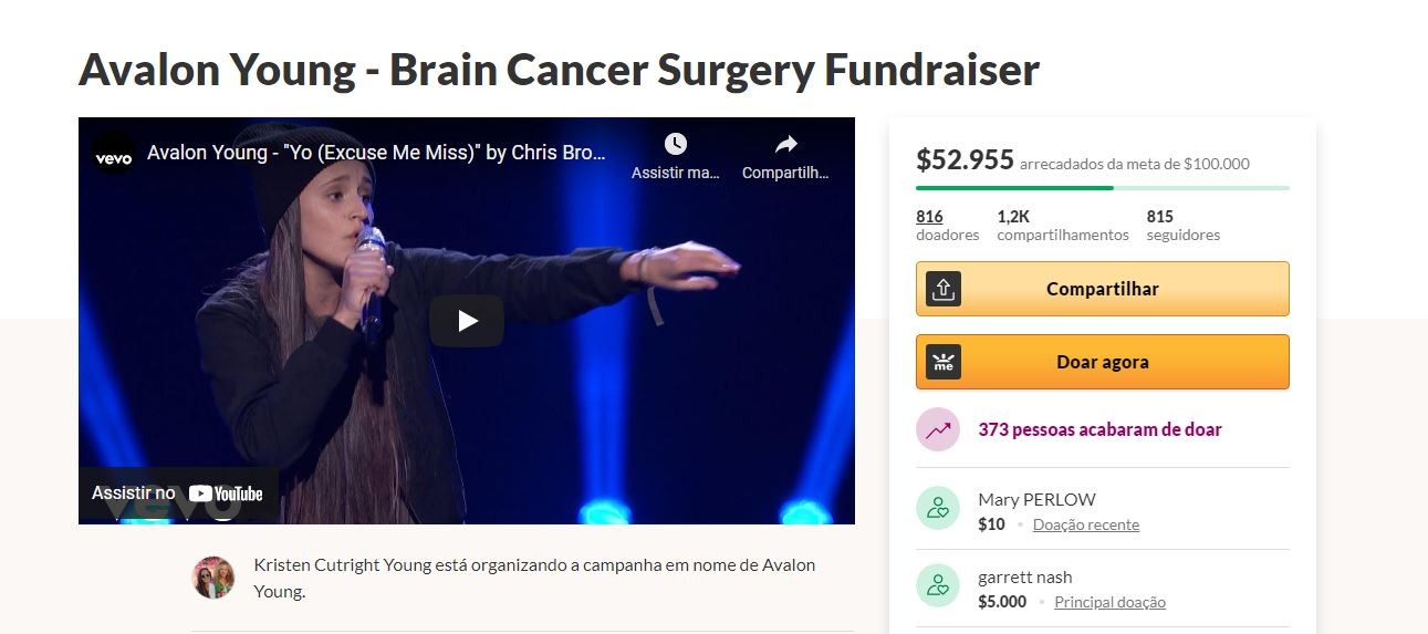 Avalon Young, ex participante do American Idol promove vaquinha para pagar cirurgia de câncer no cérebro (Foto: Reprodução / GoFundMe)