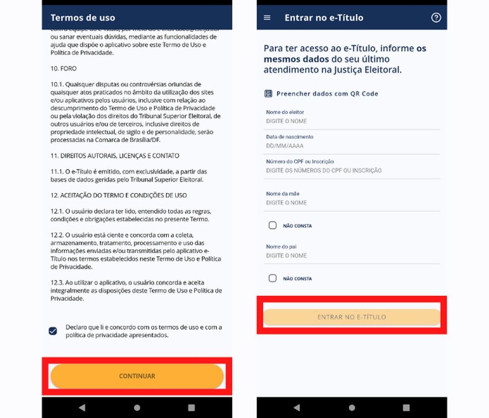 Para acessar o aplicativo e-Título, é necessário preencher campos como “Nome do eleitor”, “Data de nascimento” e “CPF ou Número de Inscrição” — Foto: Reprodução/Mariana Tralback