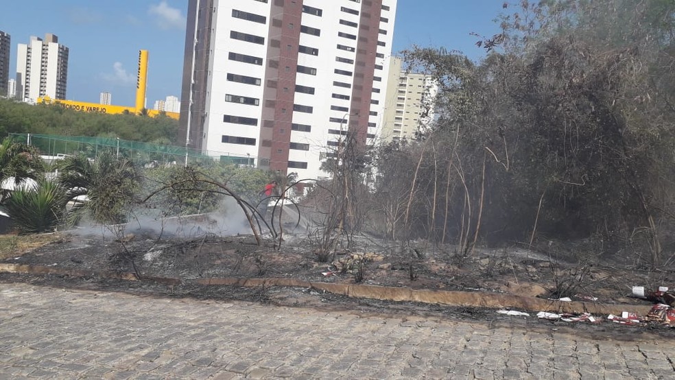 Incêndio florestal na segunda-feira atingiu Zona Sul de Natal e se aproximou de prédios e residências — Foto: Julianne Barreto