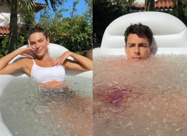 Mariana Goldfarb e Cauã Reymond na banheira de gelo (Foto: Reprodução / Instagram )