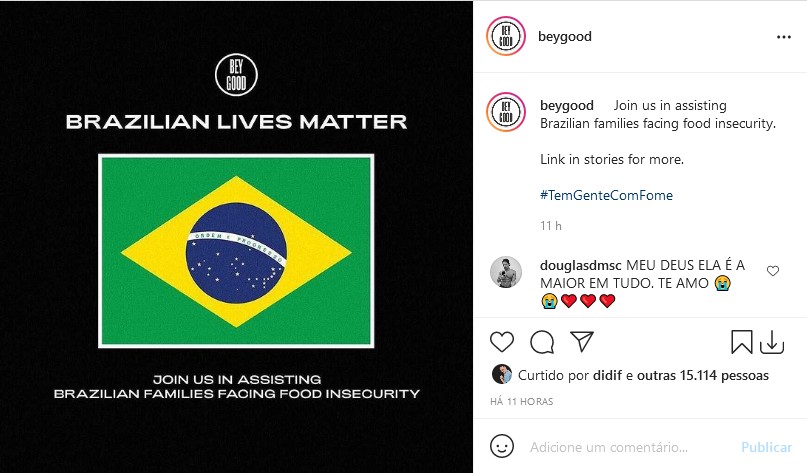 Projeto social de Beyoncé anuncia campanha contra a fome no Brasil (Foto: Reprodução/Instagram)