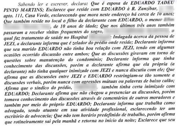 Trecho do depoimento da advogada Ieda Martins (Foto: Reprodução)