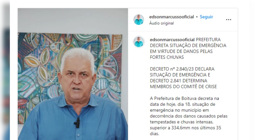 Prefeitura de Boituva (SP) decreta situação de emergência — Foto: Instagram/Reprodução