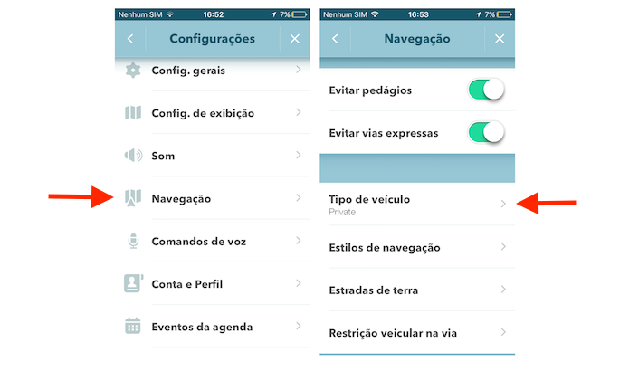 Acessando as configurações para tipo de veículo no Waze para iPhone (Foto: Reprodução/Marvin Costa)