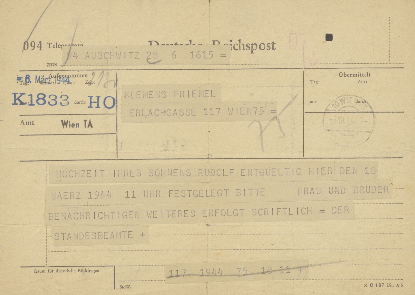 Telegrama do cartório em Auschwitz, 6 de março de 1944 — Foto: Propriedade de Rudolf Friemel, Biblioteca Municipal de Viena