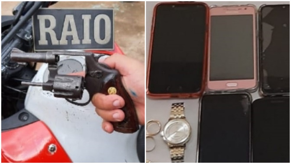 Arma e celulares apreendidos pela polícia após prisão de casal em São Luís — Foto: Divulgação/Polícia Militar