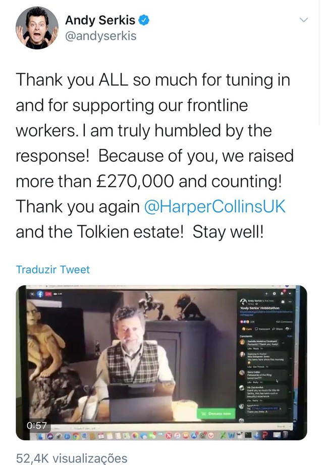 Em live de 11 horas de duração, Andy Serkis faz leitura de "O Hobbit" e arrecada cerca de R$ 1,9 milhão (Foto: Reprodução/Twitter)