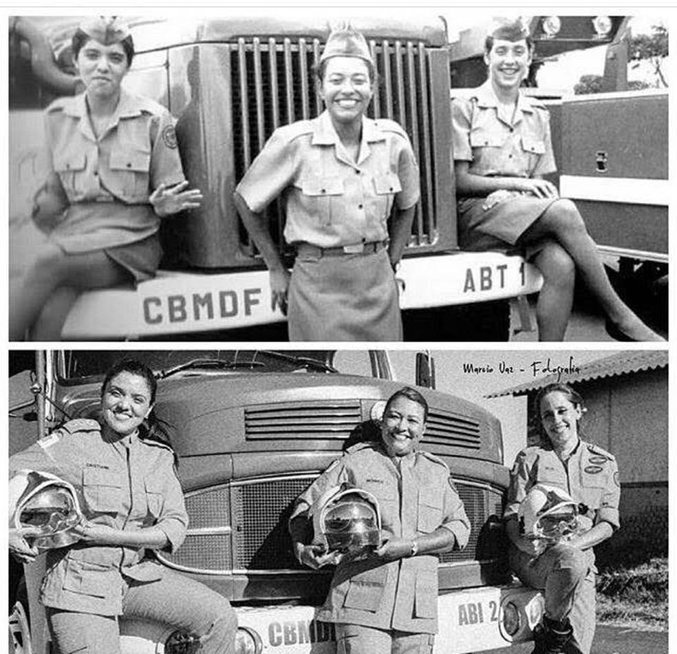 Coronel Helen Ramalho (à direita da foto) ao lado das outras duas colegas de corporação, na 1ª turma do Corpo de Bombeiros que admitiu mulheres militares — Foto: Arquivo pessoal