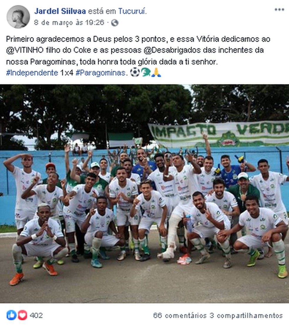 Jogador do Paragominas, Jardel Silva, presta homenagem ao jovem Vitinho em rede social. — Foto: Reprodução