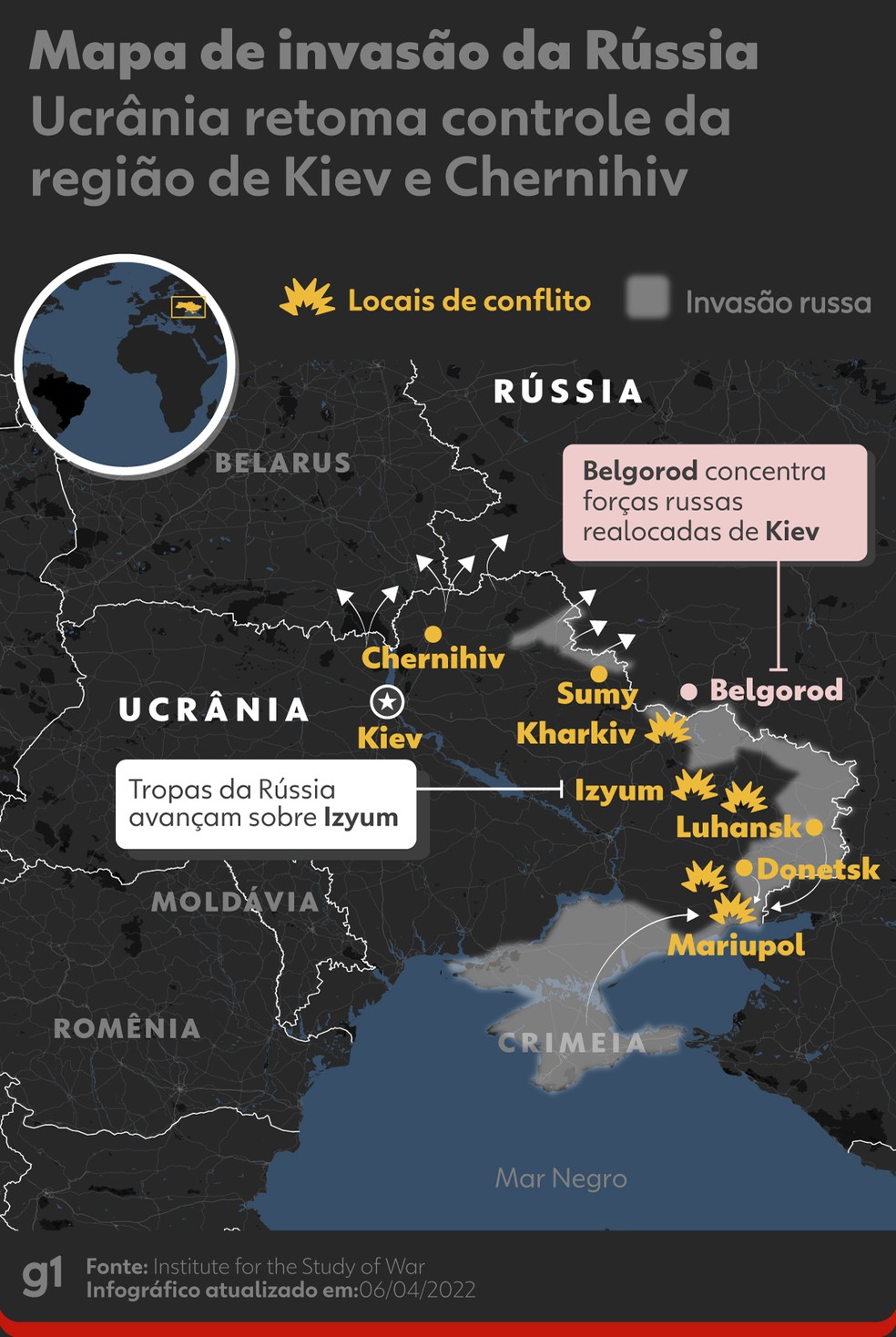 Mapa mostra a situação da guerra da Ucrânia — Foto: Arte g1