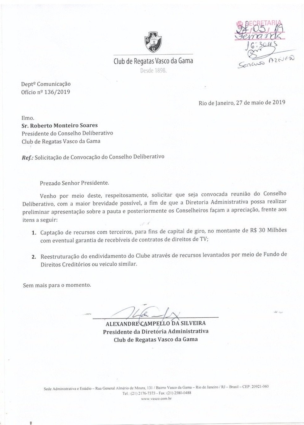 Ofício de Campello solicitando reunião no Conselho Deliberativo do Vasco — Foto: Divulgação