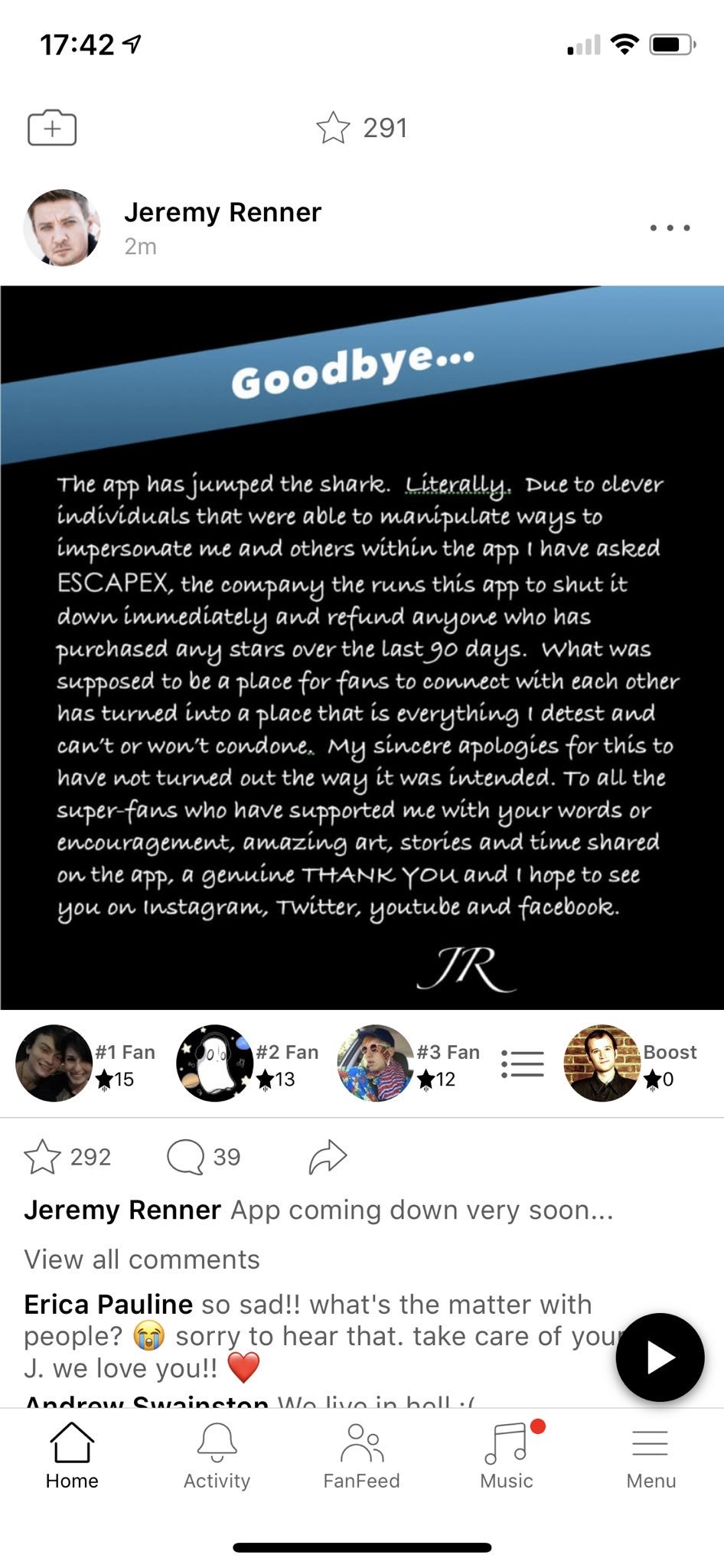 A mensagem compartilhada pelo ator Jeremy Renner avisando do fim das atividades de seu aplicativo (Foto: Reprodução)