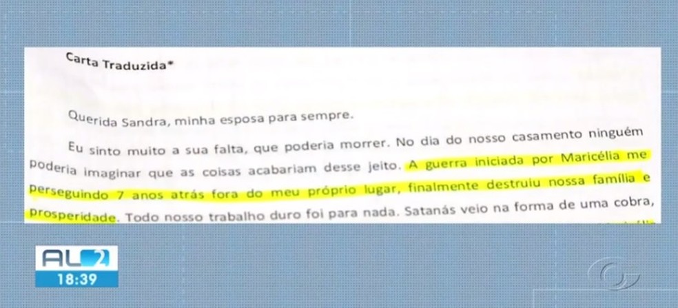 Trecho de carta traduzida que foi escrita por italiano para a ex-mulher, cliente da advogada que sofreu atentado em frente ao Fórum de Maceió — Foto: Reprodução/TV Gazeta