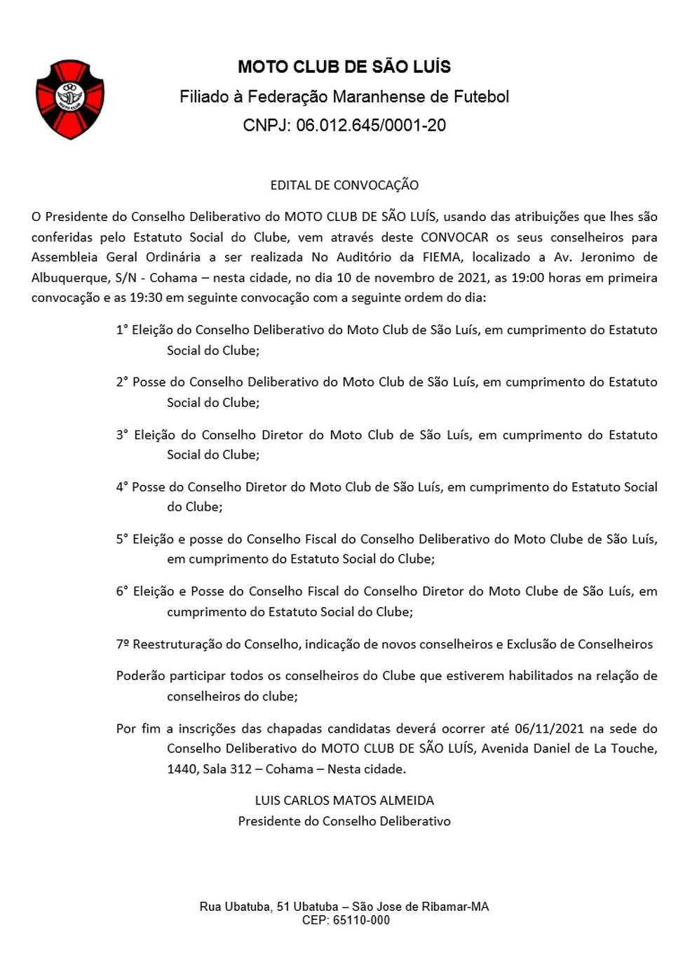 Edital de convocação das eleições do Moto para biênio 2022/2023 — Foto: Reprodução