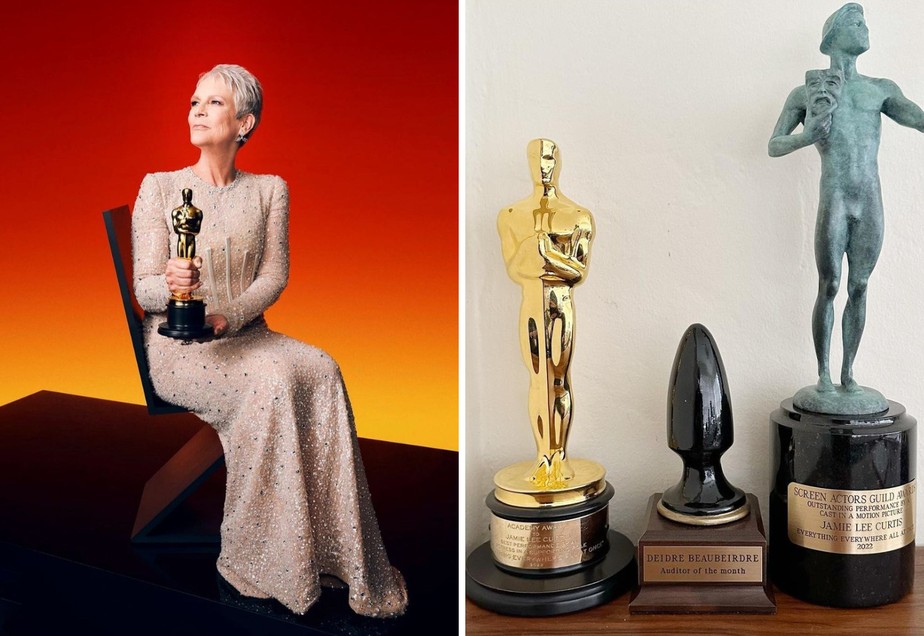 Jamie Lee Curtis ostenta seu Oscar e exibe seus três prêmios recentes, com destaque 'proibidão'
