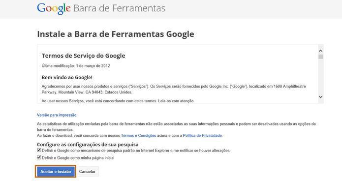 Aceite o termo de compromisso para iniciar o download da Barra de Ferramentas do Google (Foto: Reprodução/Barbara Mannara)