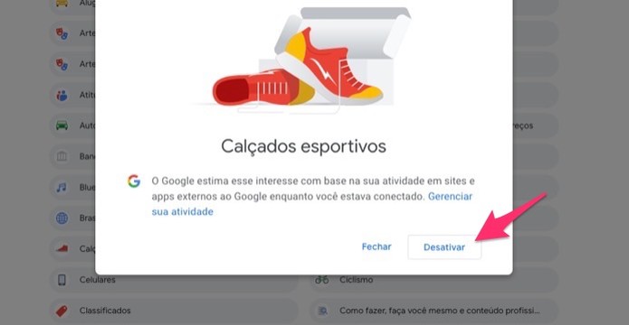 Ação para desativar um termo utilizado para oferecer anúncios para um usuário do Google (Foto: Reprodução/Marvin Costa) Ação para desativar um termo utilizado para oferecer anúncios para um usuário do Google (Foto: Reprodução/Marvin Costa)
