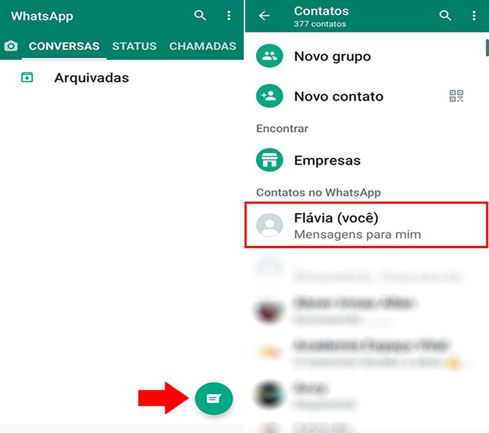 Atualização do WhatsApp permite conversar consigo mesmo pelo aplicativo — Foto: Reprodução/Flávia Fernandes