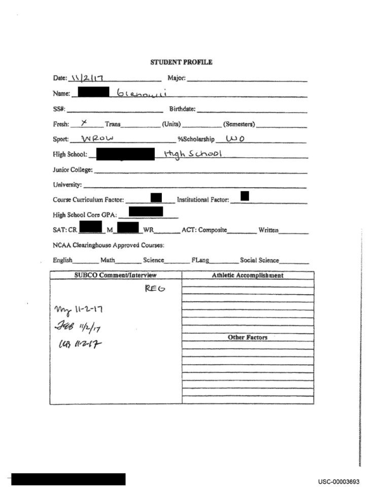 Currículo falso de Olivia Jade, filha da atriz Lori Loughlin (Foto: Sistema de Arquivamento de Documentos Eletrônicos do Tribunal Oficial do Distrito de Massachusetts )